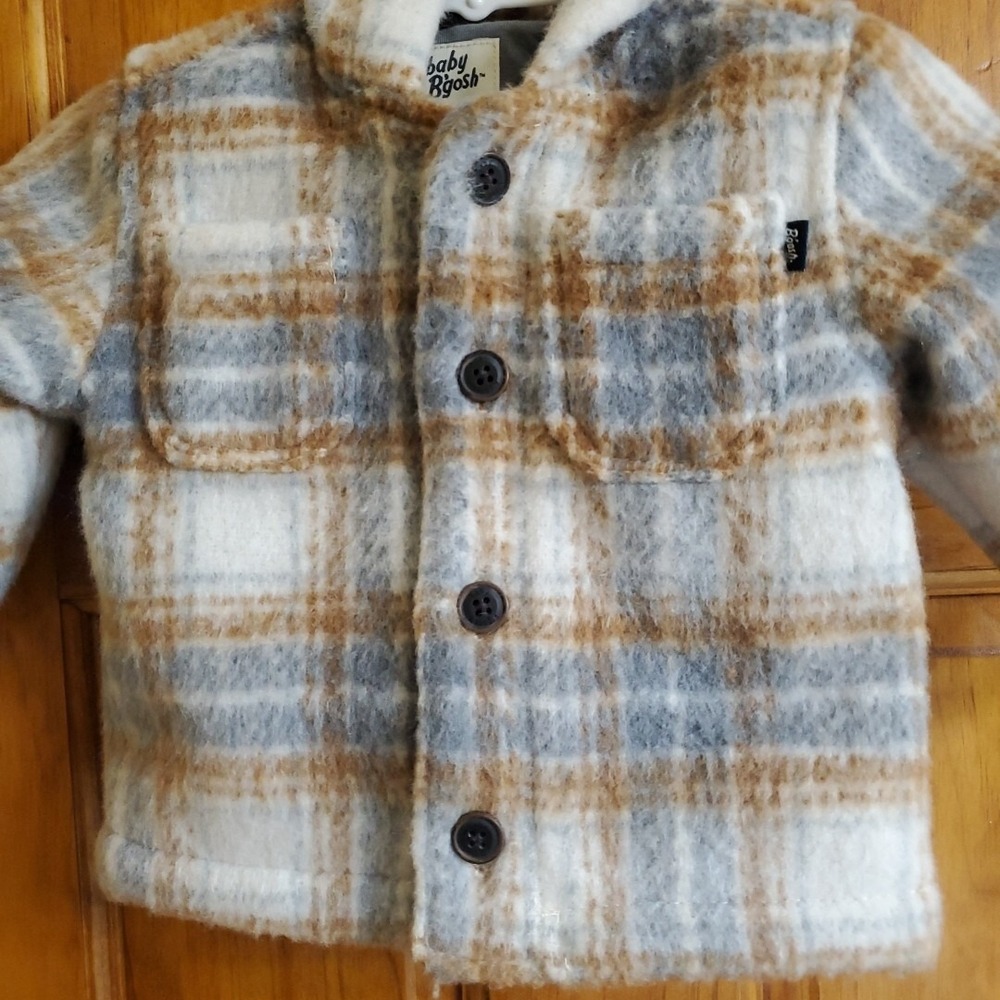 Baby Bgosh 12M Plaid Hooded Jacket Kids Tan Grey Fuzzy Button Up Shacket